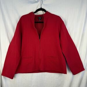 Eileen Fisher Red Cotton Full Zip Jacket Women’s Size Medium Stand Collar Soft